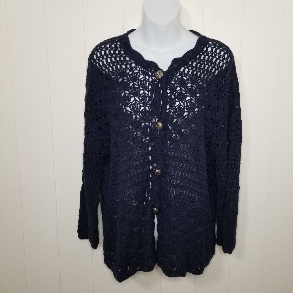 Coldwater Creek Cardigan Sweater Women's Size Large Blue Crochet Knit Preppy
